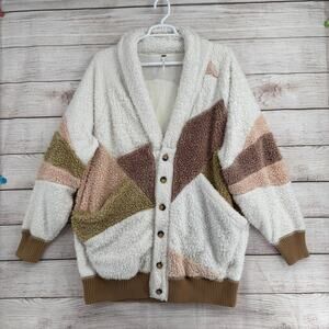 Free People Selma Cardi Colorblock Sherpa Cardigan Sweater Womens L White Brown